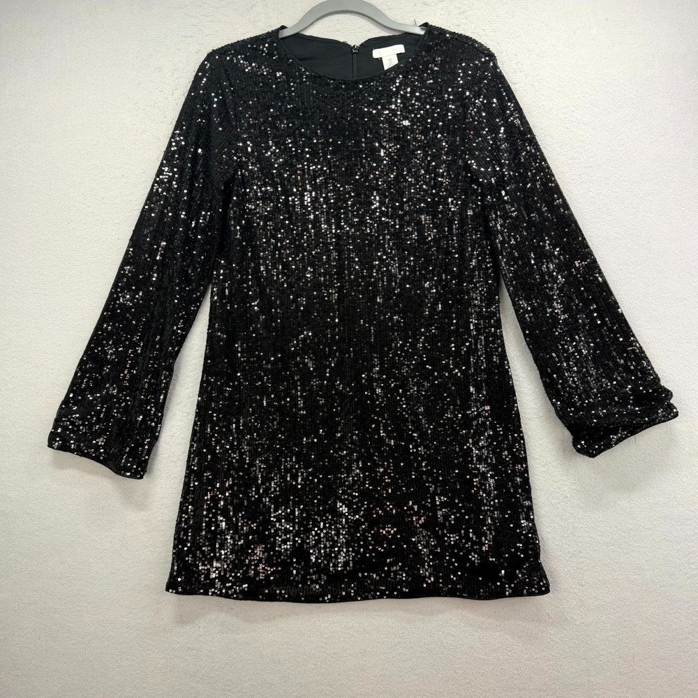 H&M Mini Shift Dress Womens Small Black Sequin Party Cocktail Stretch Back Zip‎